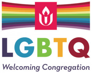LGBTQ Welcoming Congregation with rainbow flag and emblem.