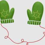 Pair of green mittens with yellow snowflake patterns and a red connecting string.