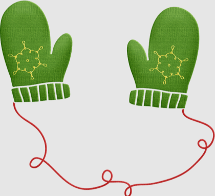 Green holiday mittens with a yellow snowflake in the palm; The mittens are connected by a red twisting wire.