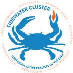 A circular graphic with a Blue crab holding a blue flame in the right claw; inner ring, above the the crab in blue letters: TIDEWATER CLUSTER; in blue letters below the crab: Unitarian Universalists in Virginia; outer ring in letters: GLEN ALLEN - NEWPORT NEWS - RICHMOND - VIRGINIA BEACH - WHITESTONE -WILLIAMSBURG - FREDERICKSBURG