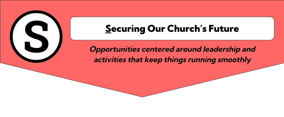 This is a graphic of a red background arrow; There is a white circle with a black outline; inside the white space is a black S; To the right in a white rectangle: Securing Our Church's Future; Next line with a yellow background and black lettering: Opportunities centered around leadership and activities that keep things running smoothly