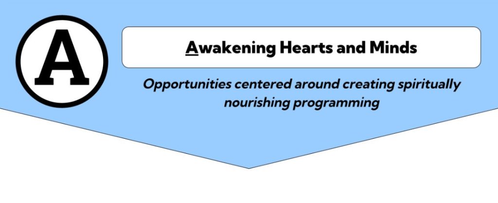 A light blue banner with the letter "A" and text about spiritual programming opportunities.