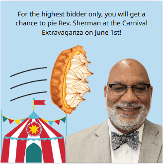 Blue background: a smiling Rev. Sherman Logan wearing glasses and a bow tie; a smiling Rev. Sherman Logan wearing glasses and a bow tie; a circus tent with flags on it