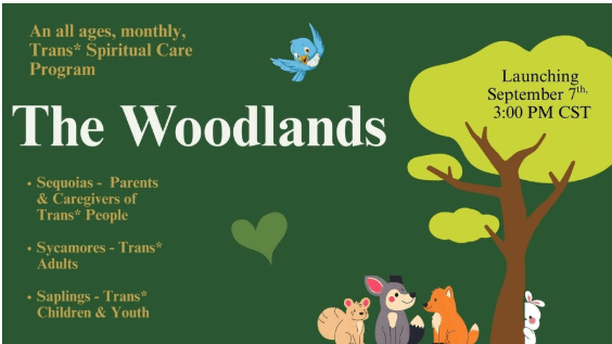 Illustrated promotion of "The Woodlands," a Trans* Spiritual Care Program with animals and a tree.