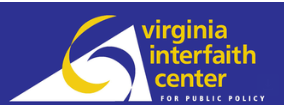 Logo of the Virginia Interfaith Center for Public Policy with a blue background and yellow swirl.