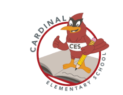 The image is a logo for Cardinal Elementary School. It features a red cartoon cardinal with an expressive face, standing on an open book. The cardinal is wearing a white shirt with "CES" written on it. It holds a large yellow pencil in one hand, giving a thumbs-up with the other wing. The bird stands inside a red circular border, which has the words "CARDINAL ELEMENTARY SCHOOL" written around the top and bottom arcs of the circle in gray letters.