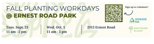 Promotional banner for Fall Planting Workdays at Ernest Road Park with event details, a QR code, and organizational logos.