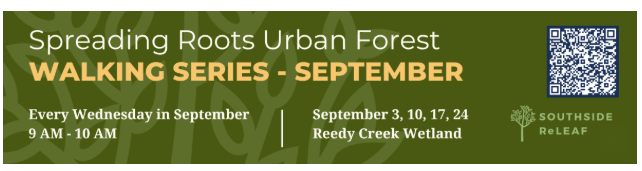 Banner for Spreading Roots Urban Forest Walking Series in September, with dates and times on a green background.
