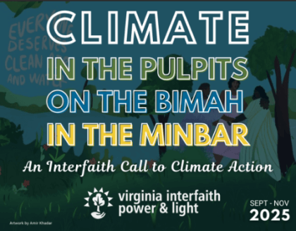 Promotional poster for an interfaith climate action event with text and illustrations.