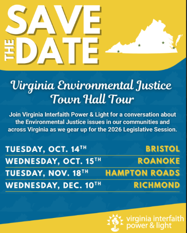 Announcement for the Virginia Environmental Justice Town Hall Tour with dates and locations.