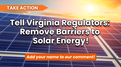 Solar panels under a sunset sky with text urging action on solar energy.