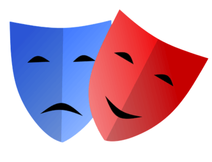 Two overlapping theatrical masks, one blue and frowning, the other red and smiling.