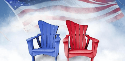 Two Adirondack chairs, one blue and one red, in front of an American flag backdrop.