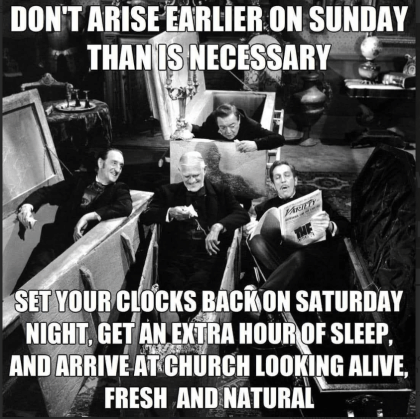 Four men in coffins jokingly interact in a lavish room.