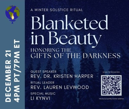 Promotional poster for "Blanketed in Beauty: A Winter Solstice Ritual" on December 21, featuring a starry night sky and tree silhouettes.