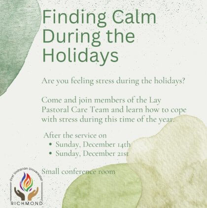 Flyer advertising a stress management event during the holidays with green watercolor splashes.