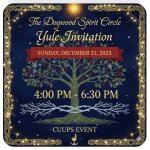 Yule invitation with a tree and decorative border against a starry night sky.