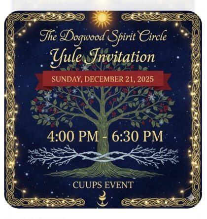 Yule invitation with a tree and decorative border against a starry night sky.