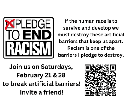 Image advocating to pledge against racism with event details and a QR code.