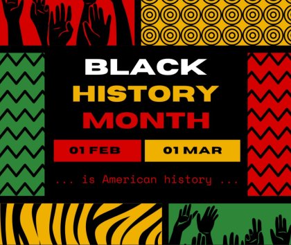 Colorful Black History Month graphic with patterns and raised hands
