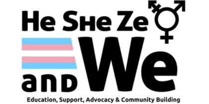 Text promoting gender inclusivity with transgender symbol and flag.