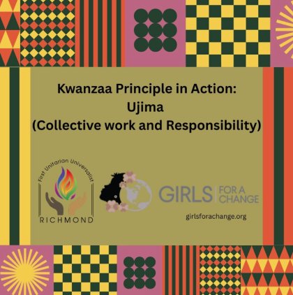 Poster highlighting the Kwanzaa principle of Ujima with colorful African patterns and organizational logos.