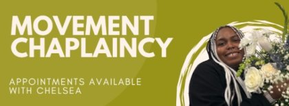 A person smiling, holding a bouquet of white roses, with text about Movement Chaplaincy on an olive-green background.