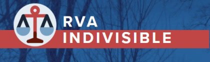 Logo with a scale of justice and "RVA INDIVISIBLE" text on a red and blue background.