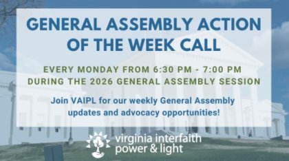 Promotional graphic for a weekly call event by Virginia Interfaith Power & Light with a government building in the background.