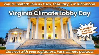 Virginia State Capitol building with event invitation for Virginia Climate Lobby Day.