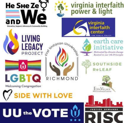 Various logos and text of organizations and initiatives related to inclusivity, environmental interfaith efforts, justice, and community building.
