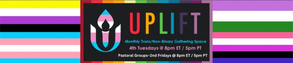 A colorful image with striped flags, a stylized flame logo, and the word "UPLIFT" with event details.