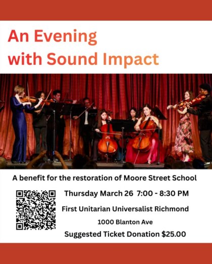 "Promotional graphic for 'An Evening with Sound Impact,' featuring musicians performing onstage with violins and cellos in front of a red curtain."