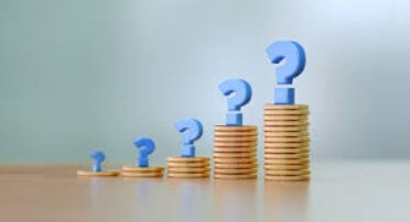 Five ascending stacks of coins topped with blue question marks.