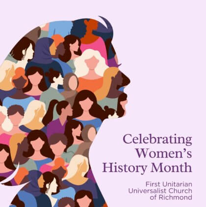 Silhouette of a woman's head filled with illustrated portraits, alongside text celebrating Women’s History Month.