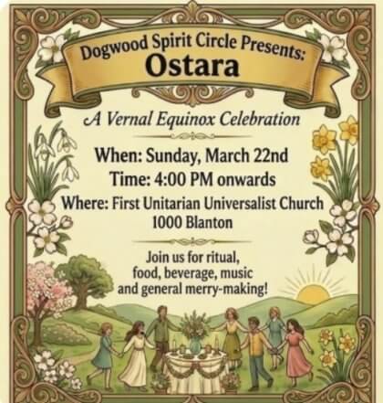 Event poster for Ostara celebration with floral borders and people in a circle in a grassy field.