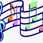 Stylized musical staff with a blue treble clef and colorful notes.