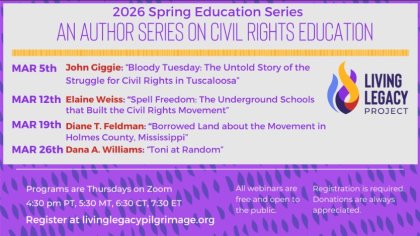 Promotional flyer for the 2026 Spring Education Series on Civil Rights Education, detailing March events with authors, dates, and a registration link.