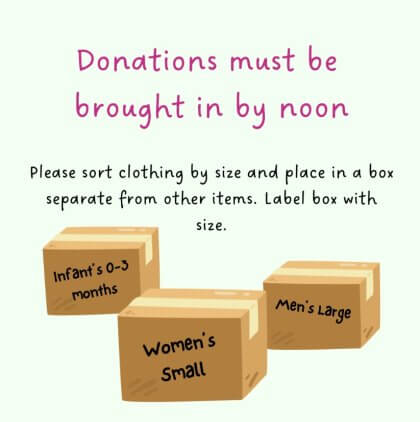 Three labeled cardboard boxes for clothing donations with instructions above.