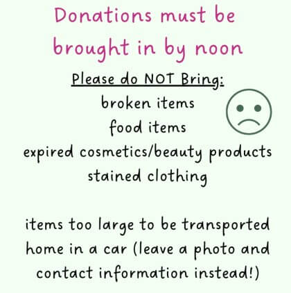 Donation guidelines with prohibited items list and a sad face illustration.