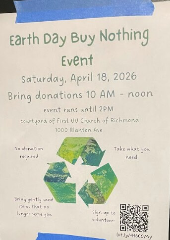 Flyer for an Earth Day Buy Nothing event with a date, location, and a recycling symbol.