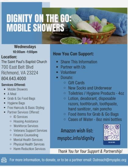 Flyer promoting "Dignity on the Go: Mobile Showers" with details on services offered, support opportunities, and a location in Richmond, VA.