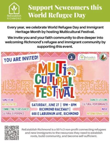 Flyer for a colorful Multicultural Festival for World Refugee Day at Richmond Raceway.