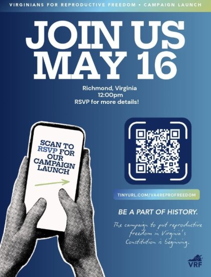 Promotional poster for a campaign event on May 16 in Richmond, Virginia, featuring RSVP details and a QR code.