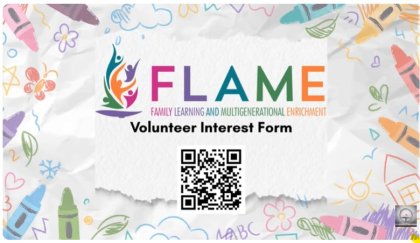 Colorful volunteer interest form with "FLAME" in multicolors, doodles, and a QR code.