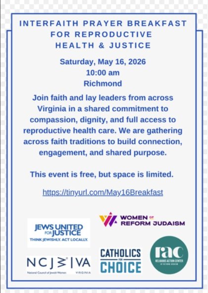 Informational flyer for an interfaith prayer breakfast on May 16, 2026, in Richmond focused on reproductive health and justice.