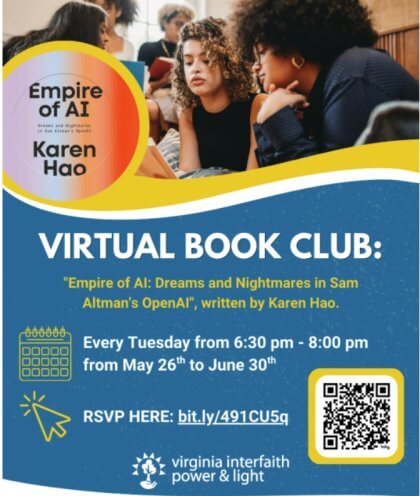 Virtual book club flyer for "Empire of AI" by Karen Hao, meeting Tuesdays from May 26th to June 30th.