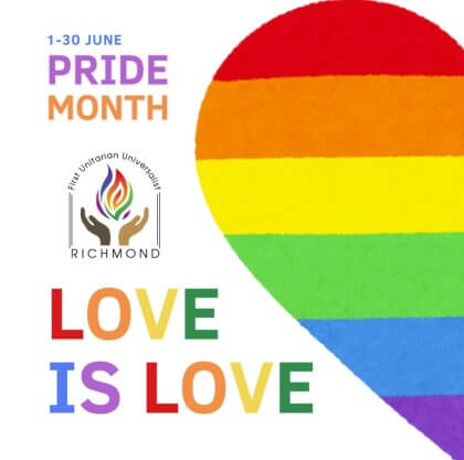 Rainbow-striped heart with "Pride Month" and "Love is Love" text alongside a church logo.