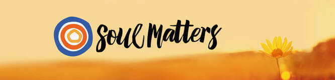 Soul Matters logo with blue and orange nested circles and scrip text over an orange background